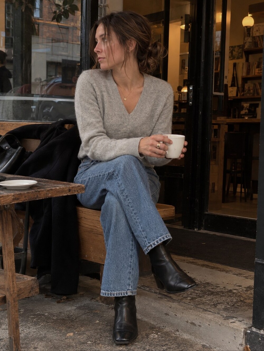 White + Warren 100% cashmere V-neck sweater in light heather grey.